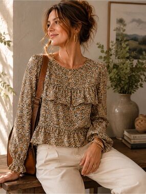 Promesa Boho Floral Ruffle‎ Peasant Blouse/Cottagecore/Soft Girl